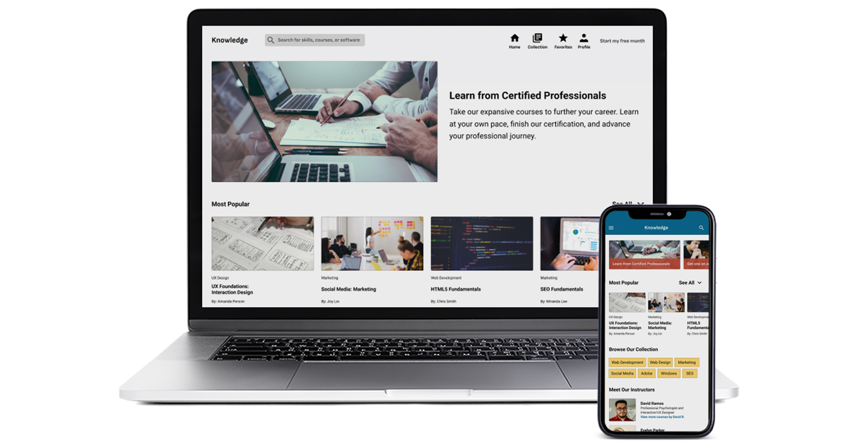 Knowledge - Visualization of how the website would appear on laptop and mobile devices.